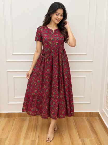 Maroon Paisley Floral Print Pure Jaipur Cotton Non-Feeding Maxi