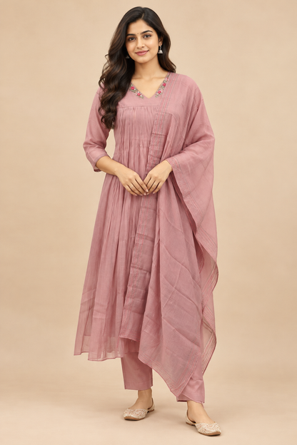Mul chanderi A line With Work Dusty Pink Floral Embroidered Anarkali 3 Piece suit