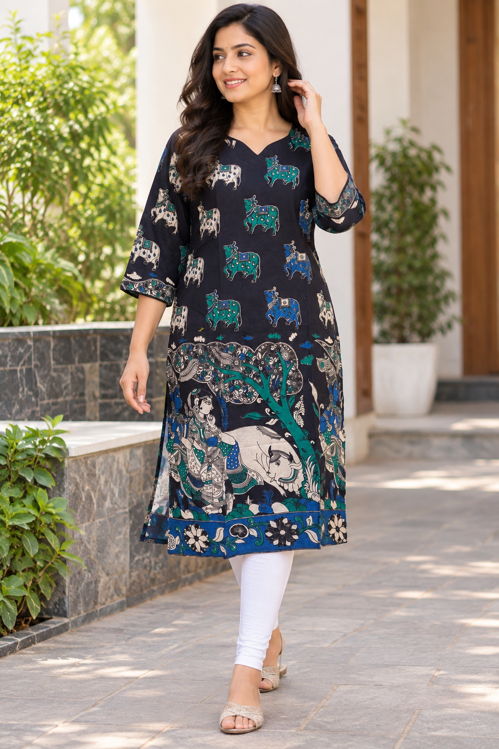 Navy Blue Kalamkari Cow & Folk Art Print Kurti Top