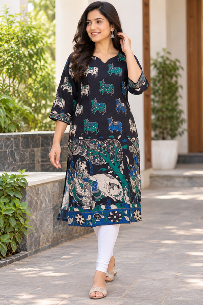 Navy Blue Kalamkari Cow & Folk Art Print Kurti Top