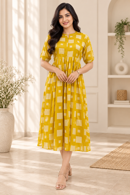 Mustard Yellow Geometric Print Center Zip Maxi Dress