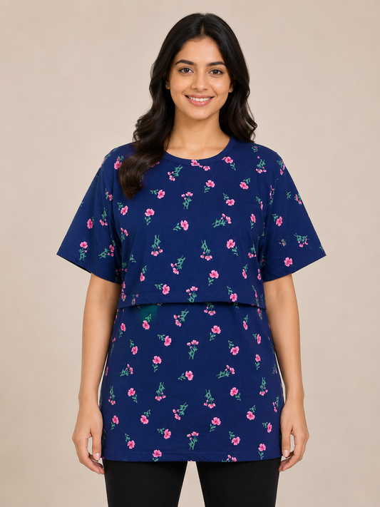 Navy Blue Pink Ditsy Floral Print Feeding Maternity T-Shirt