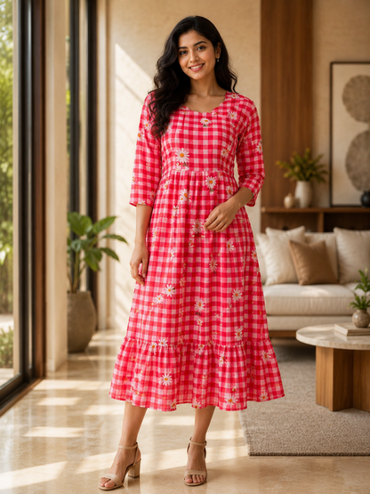 Mul Cotton Fabric Rose Pink Flower Check Print Non-Feeding Maternity Maxi