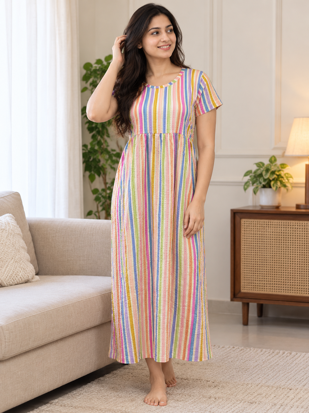 Rainbow Multicolor Stripe Short Sleeve Lounge Frock