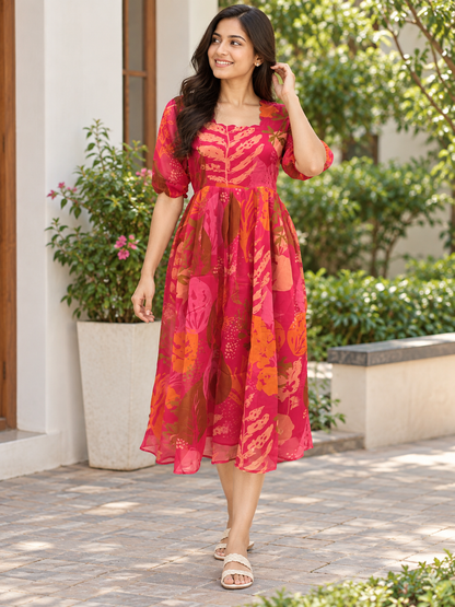 Ruby Pink Floral Printed Organza Feeding Midi Dress
