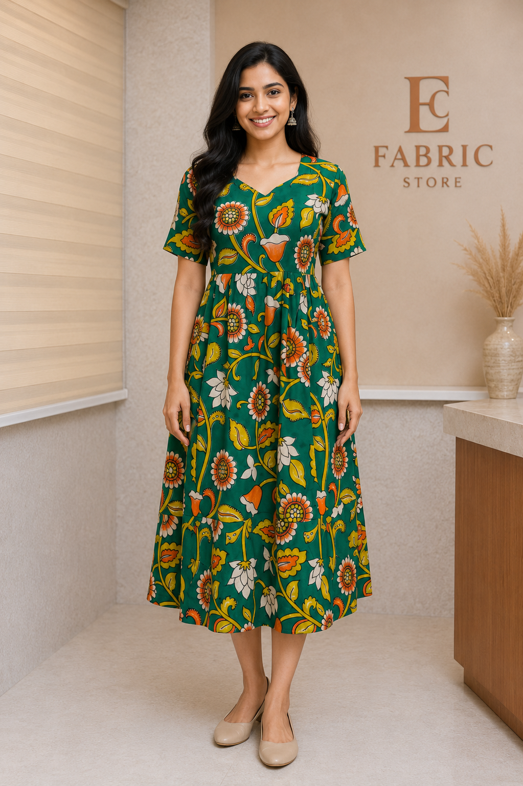 Kalamkari Emerald Green Floral Cotton Frock