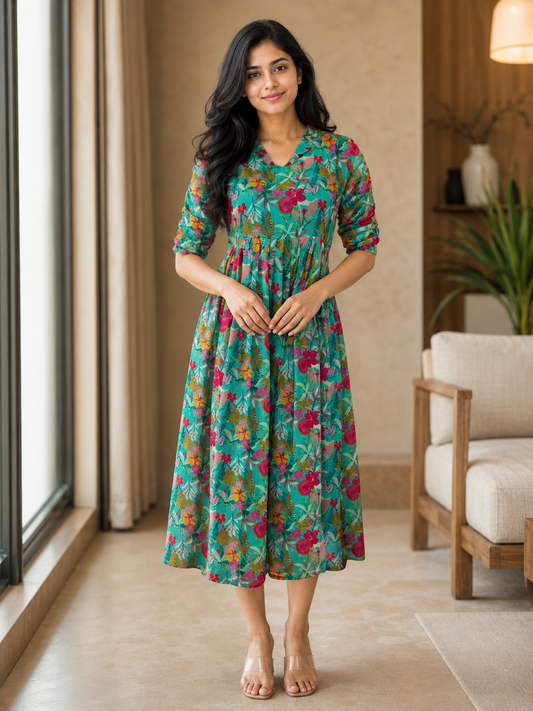 Sea Green Tropical Floral Garden Print Non-Feeding Georgette Maxi