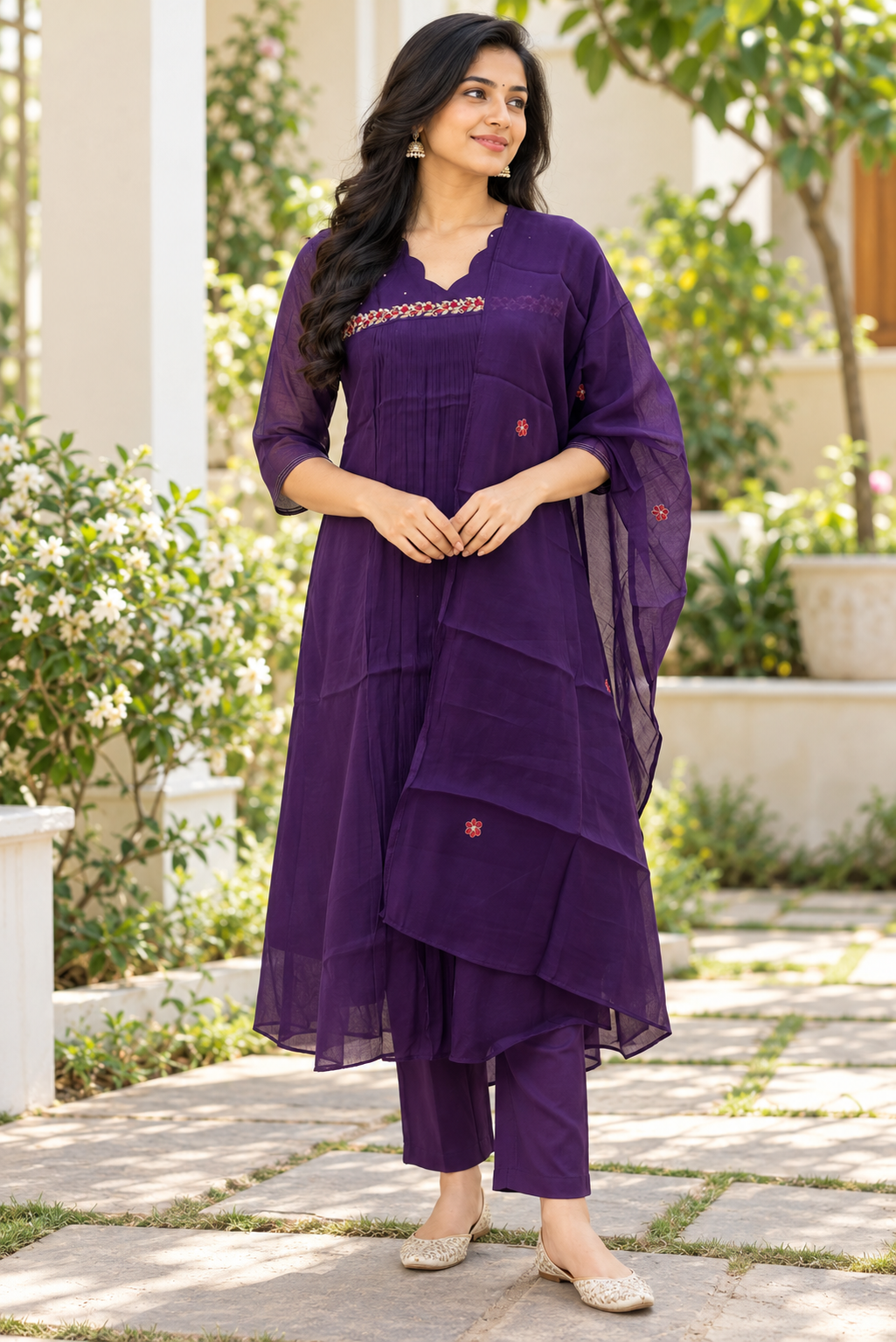 Mul chanderi A line with work Deep Purple Floral Embroidered 3-Piece Suit