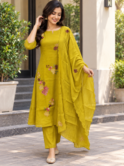 Mustard Yellow Floral Embroidered Chanderi Cotton 3-Piece Set