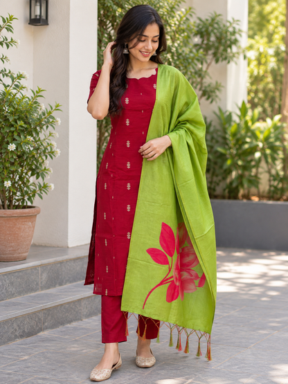 Deep Maroon & Lime Green Printed Women’s 3 Piece Set