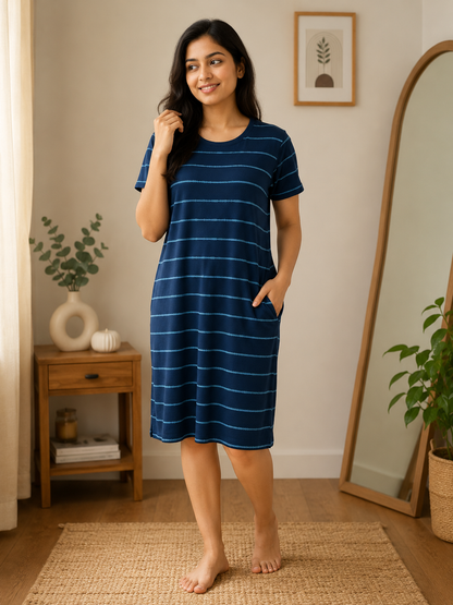 Navy Blue Striped Printed Lounge Tunics