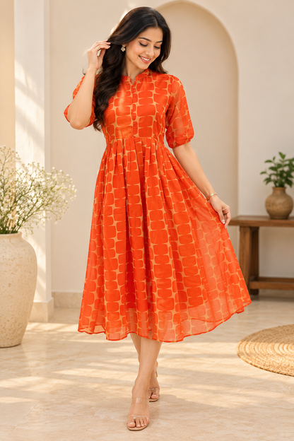 Coral Orange Geometric Print Center Zip Maxi Dress