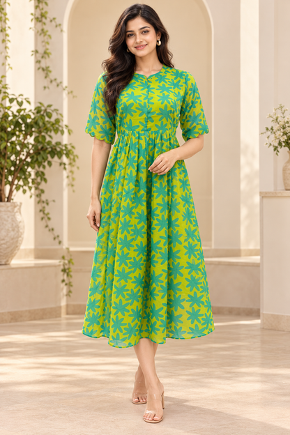 Lime Green Teal Floral Print Center Zip Maxi Dress
