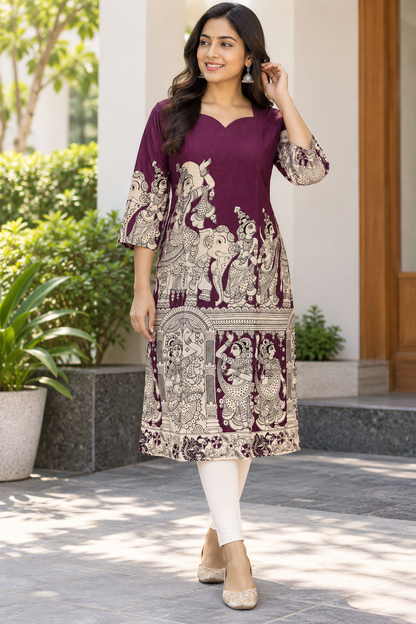Wine Kalamkari Temple Print Kurti Top