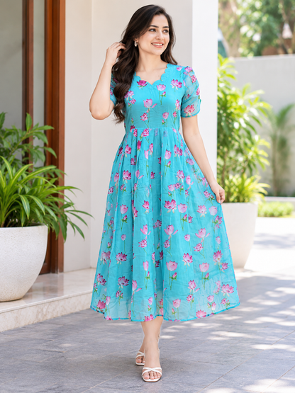 Aqua Blue Lotus Floral Print Non-Feeding Maxi