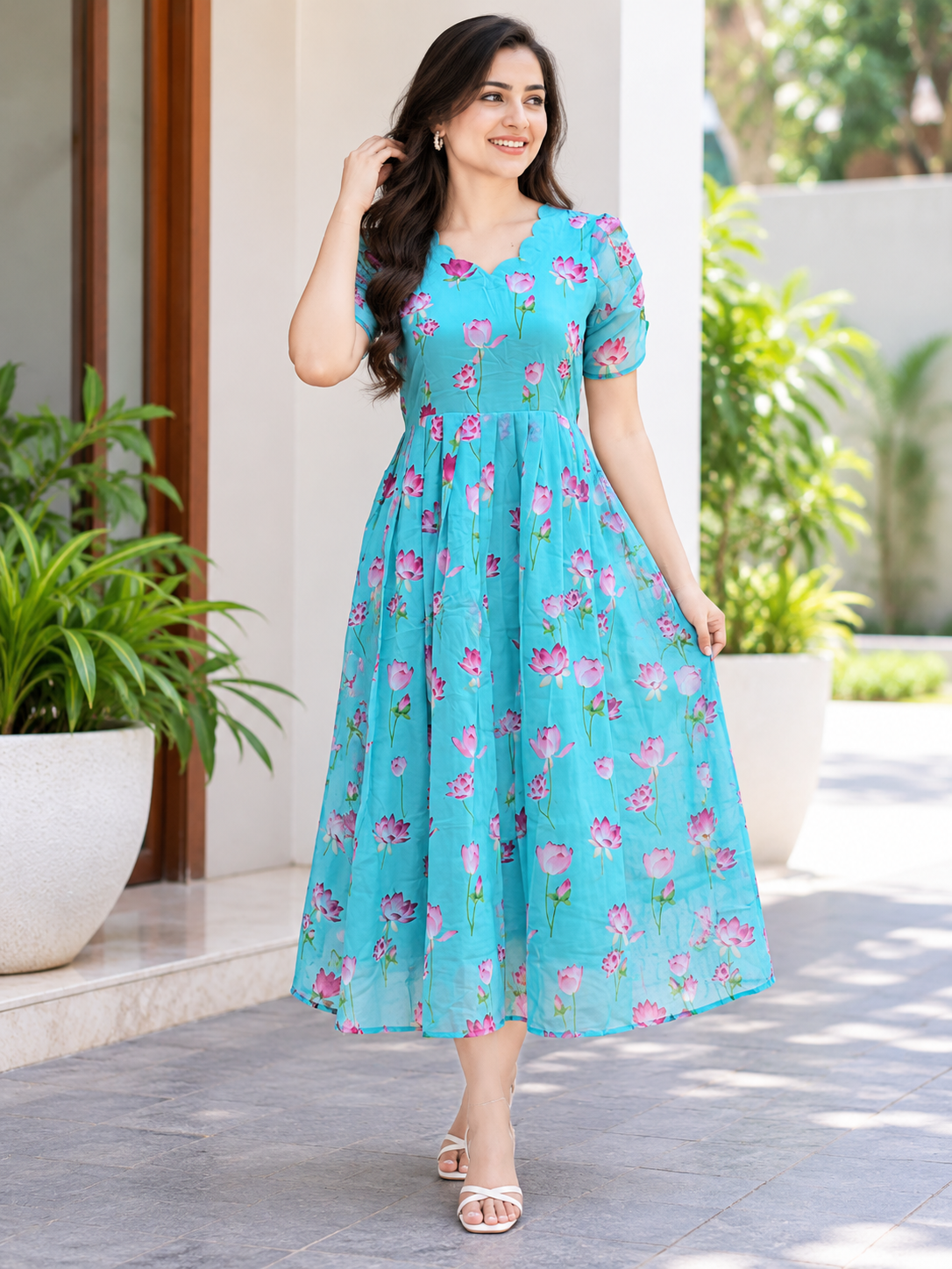 Aqua Blue Lotus Floral Print Feeding Maxi