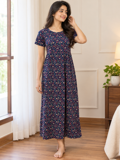 Navy Blue Ditsy Floral Print Short Sleeve Lounge Frock