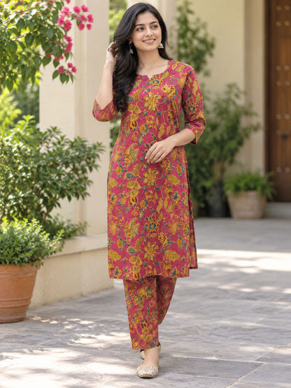 Rani Pink Floral Block Print Kurti Set