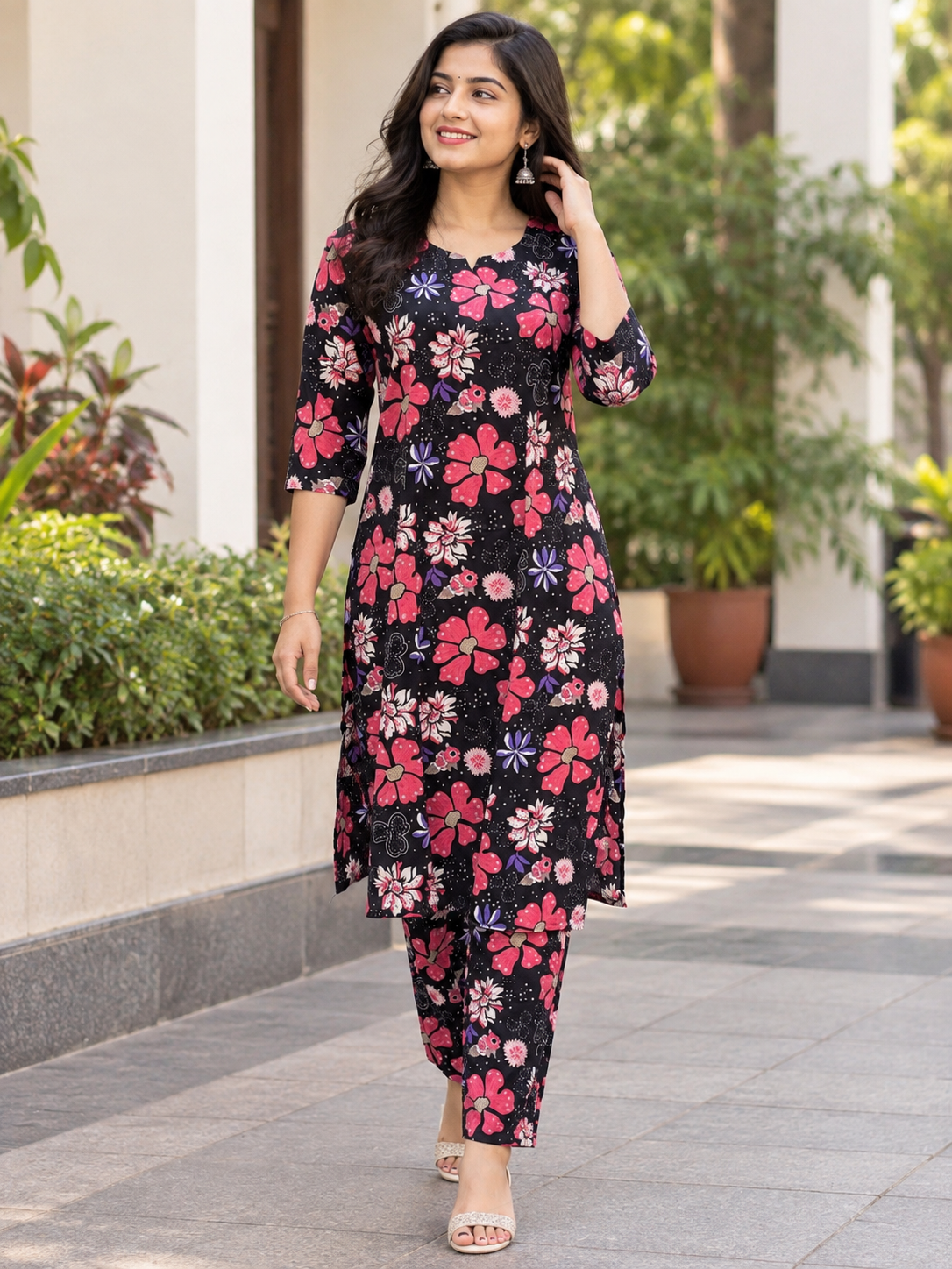 Black Floral Printed Kurti Set