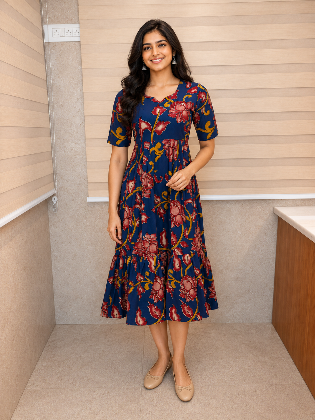 Kalamkari Navy Blue Floral Cotton Frock
