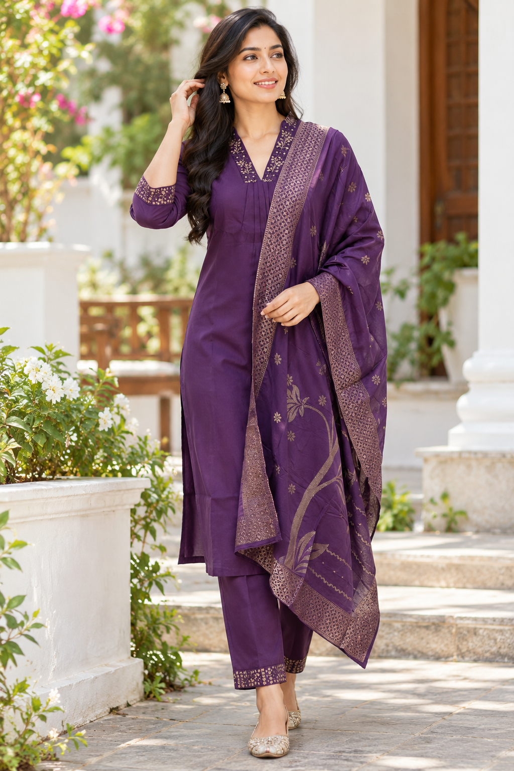 Elegant Roman Silk Royal Purple Floral Embroidered 3-Piece Suit