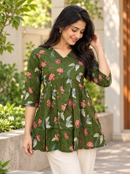 Olive Green Floral Bird Print Feeding Kurti Top
