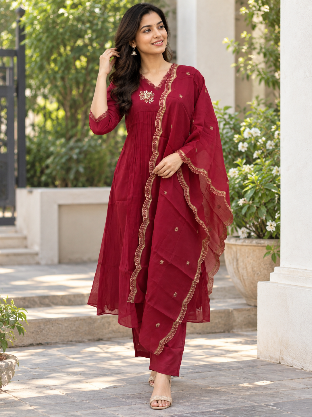 Wine Red Golden Butti Embroidered Mul Chanderi Silk 3-Piece Kurta Set