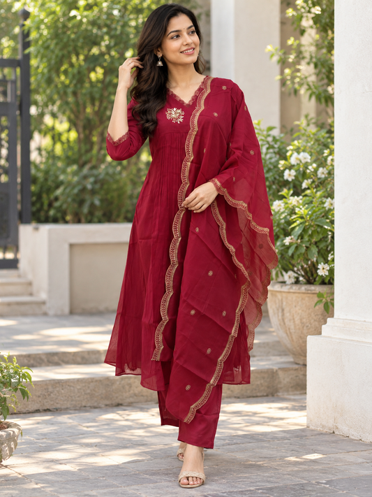 Wine Red Golden Butti Embroidered Mul Chanderi Silk 3-Piece Kurta Set