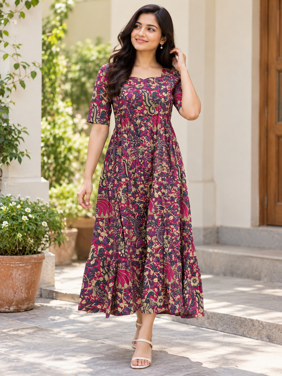 Wine Kalamkari Print Feeding Maxi Dress