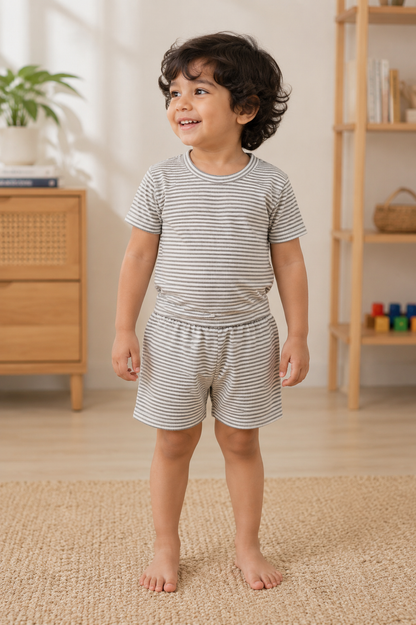 Sage Green White Striped Kids T-Shirt and Shorts Coords