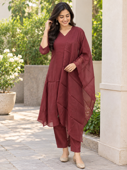 Wine Maroon Solid Mul Chanderi Silk Cotton 3-Piece Kurta Set