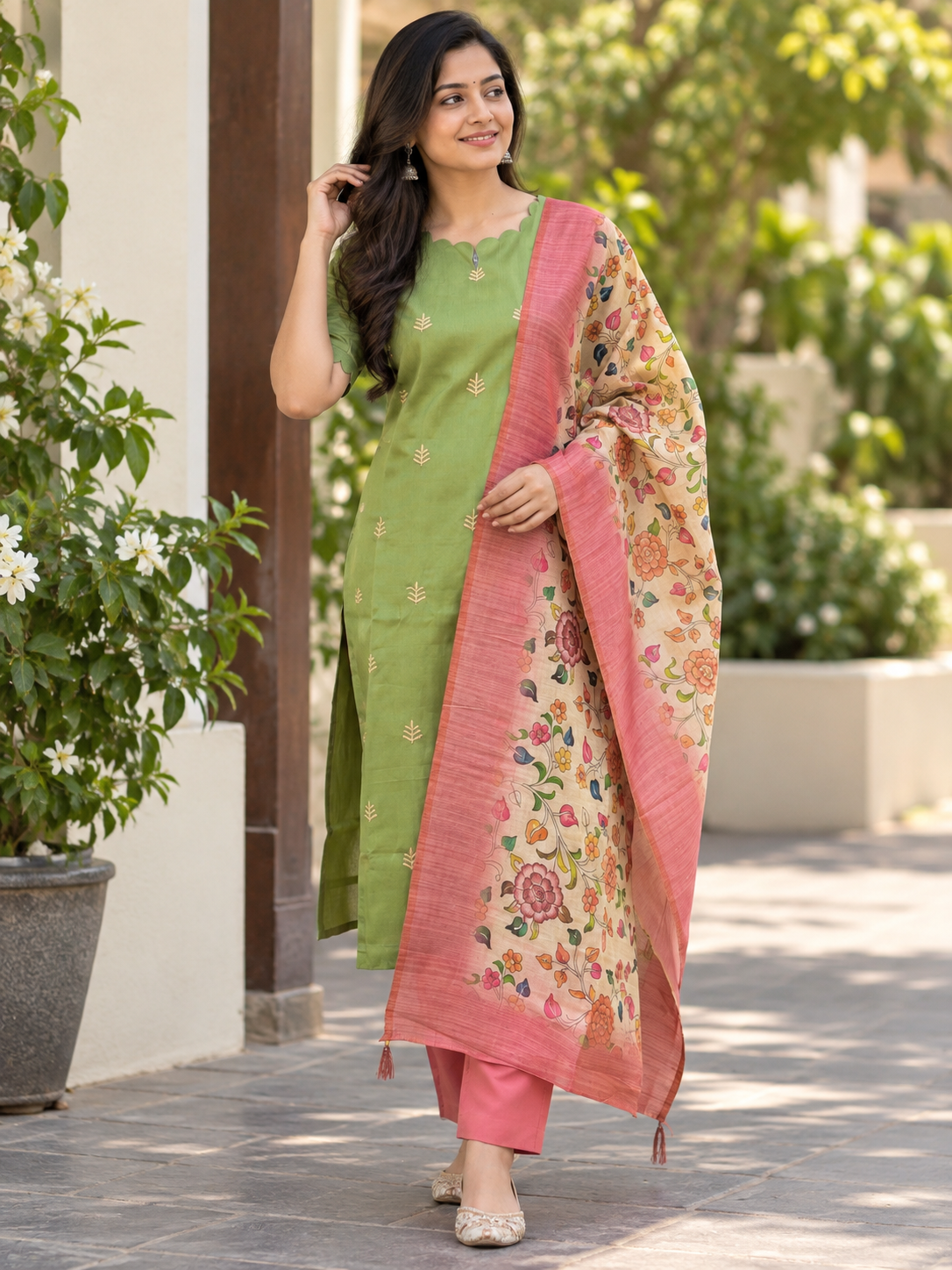 Olive Bloom Silk Cotton 3-Piece Set