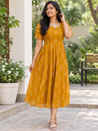 Mustard Diamond Georgette Non-Feeding Maxi Dress