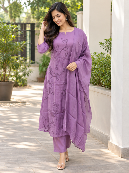 Lavender Floral Embroidered Mul Chanderi Cotton 3-Piece Kurta Set