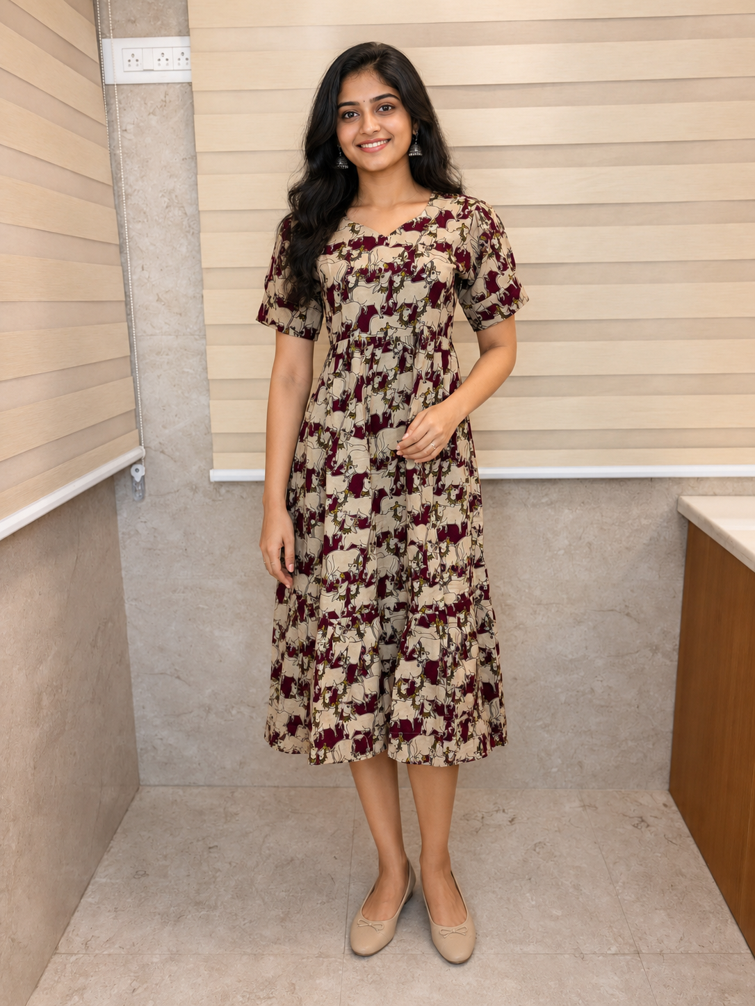 Kalamkari Desert Sand & Deep Maroon Royal Elephant Cotton Frock