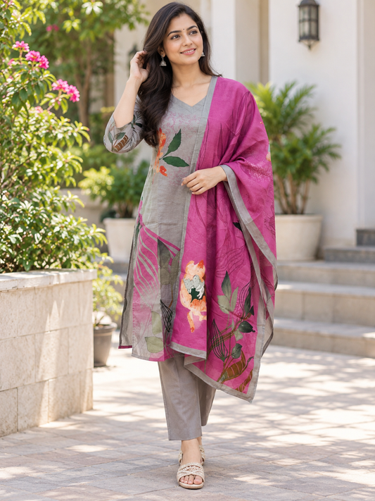 Dusty Mauve & Grey Floral Blended Cotton digital print 3 piece kurta set