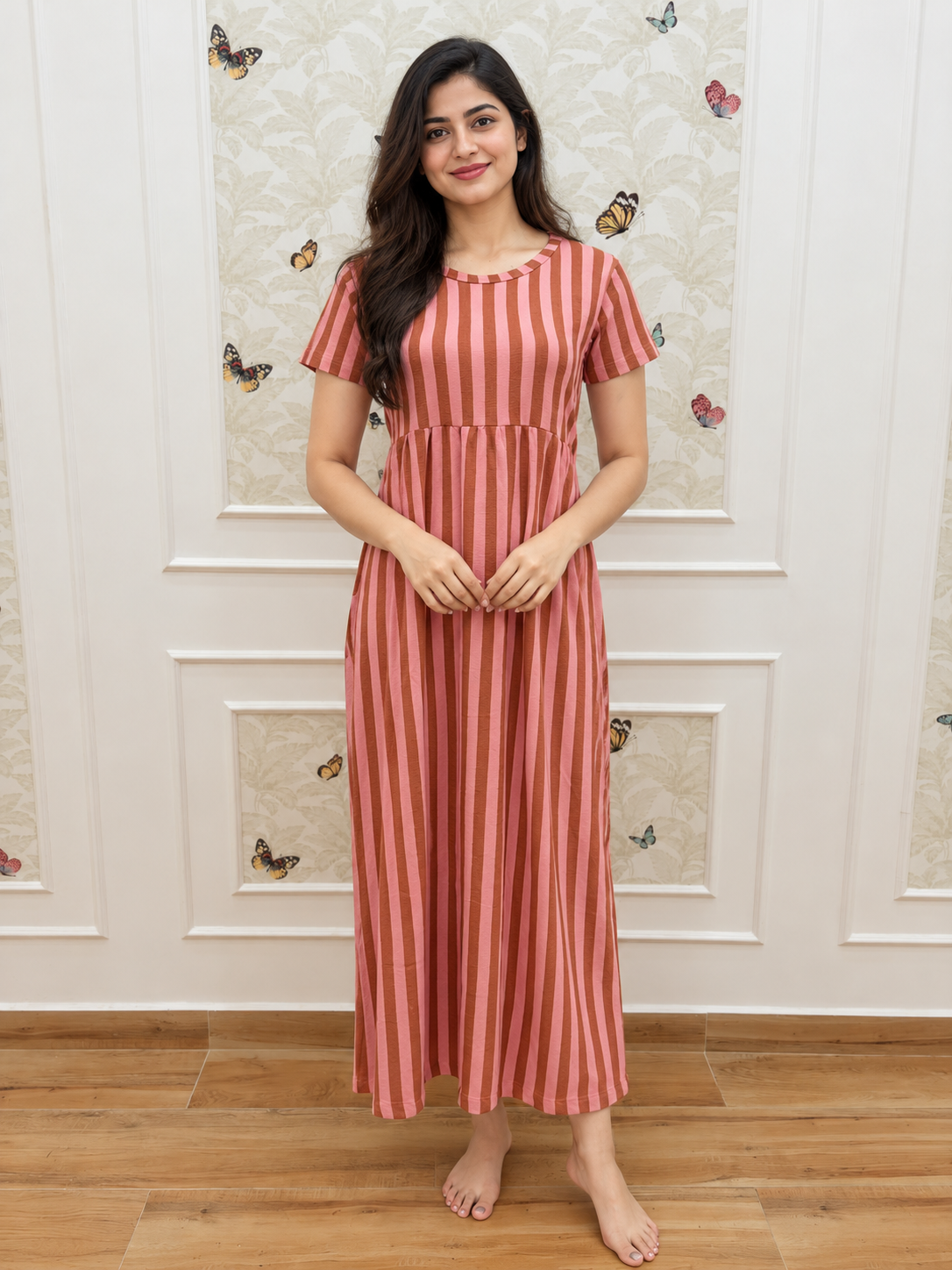 Rust & Pink Vertical Stripe Short Sleeve Lounge Frock