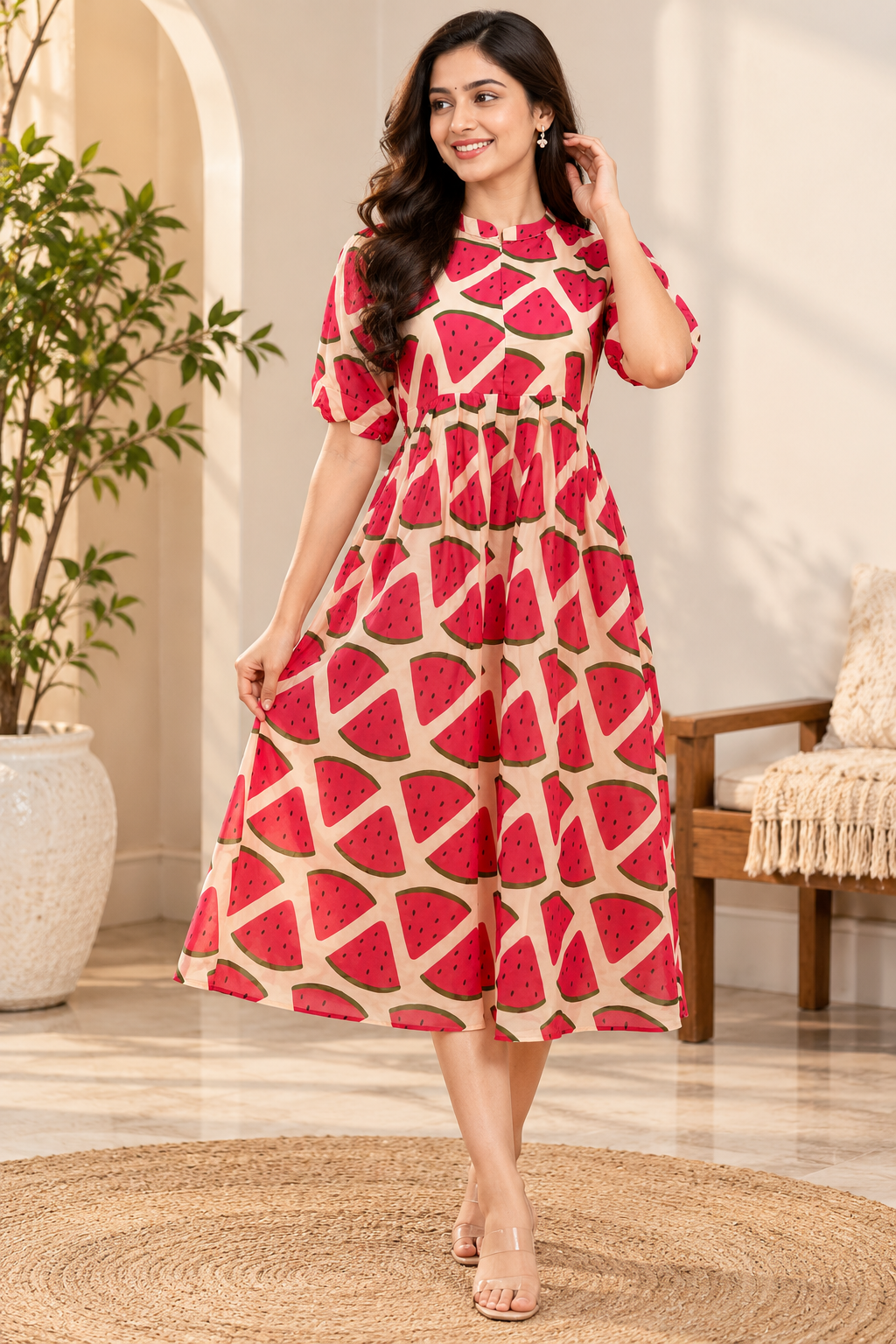 Peach Pink Watermelon Print Center Zip Maxi Dress