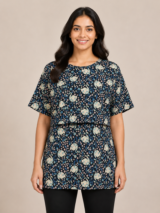 Midnight Navy Paisley Floral Print Feeding Maternity T-Shirt