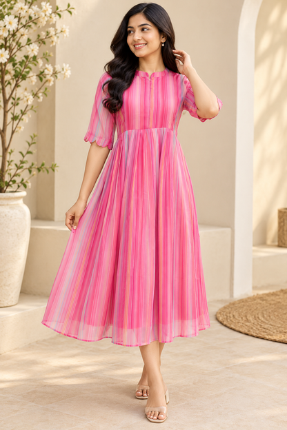 Hot Pink Multicolor Stripe Print Center Zip Maxi Dress