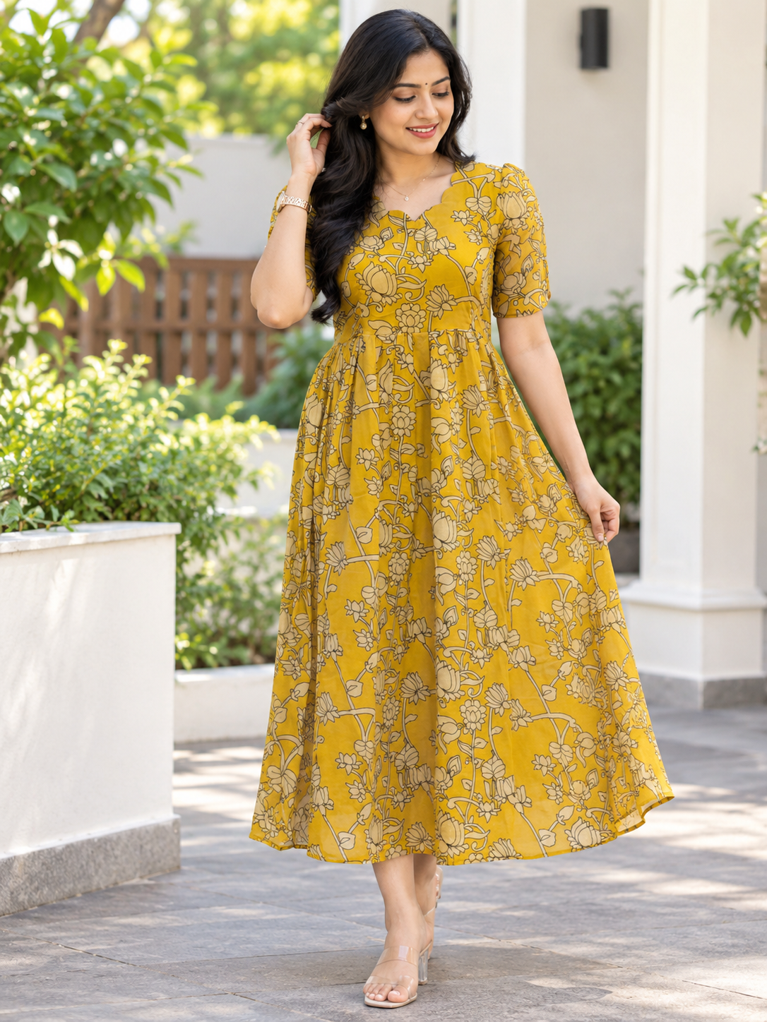 Mustard Yellow Floral Vine Print Non-Feeding Maxi