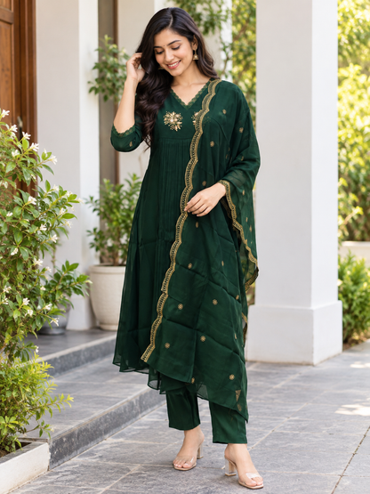 Bottle Green Golden Butti Embroidered Mul Chanderi Silk 3-Piece Kurta Set