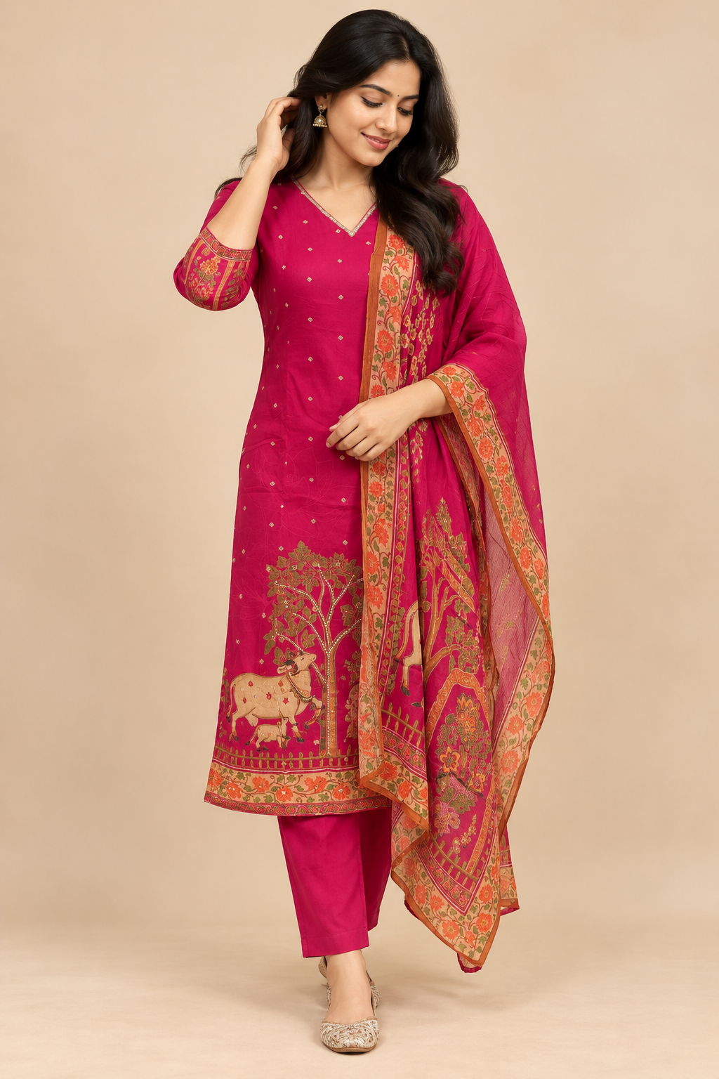 Elegant Chinon Silk Pink Floral Printed 3-Piece Suit