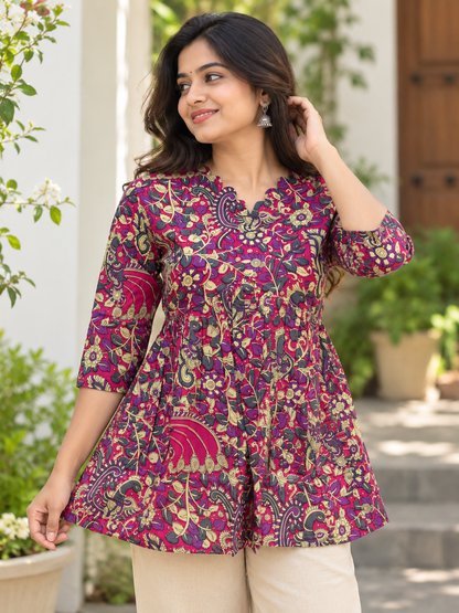 Magenta Kalamkari Paisley Print Feeding Kurti Top