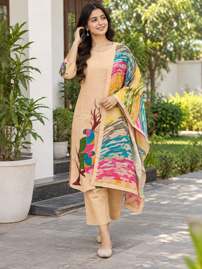 Peach Beige Multicolor Abstract Brushstroke Blended Cotton digital print 3 piece kurta set