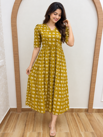 Mustard Yellow White Elephant Print Pure Jaipur Cotton Non-Feeding Maxi