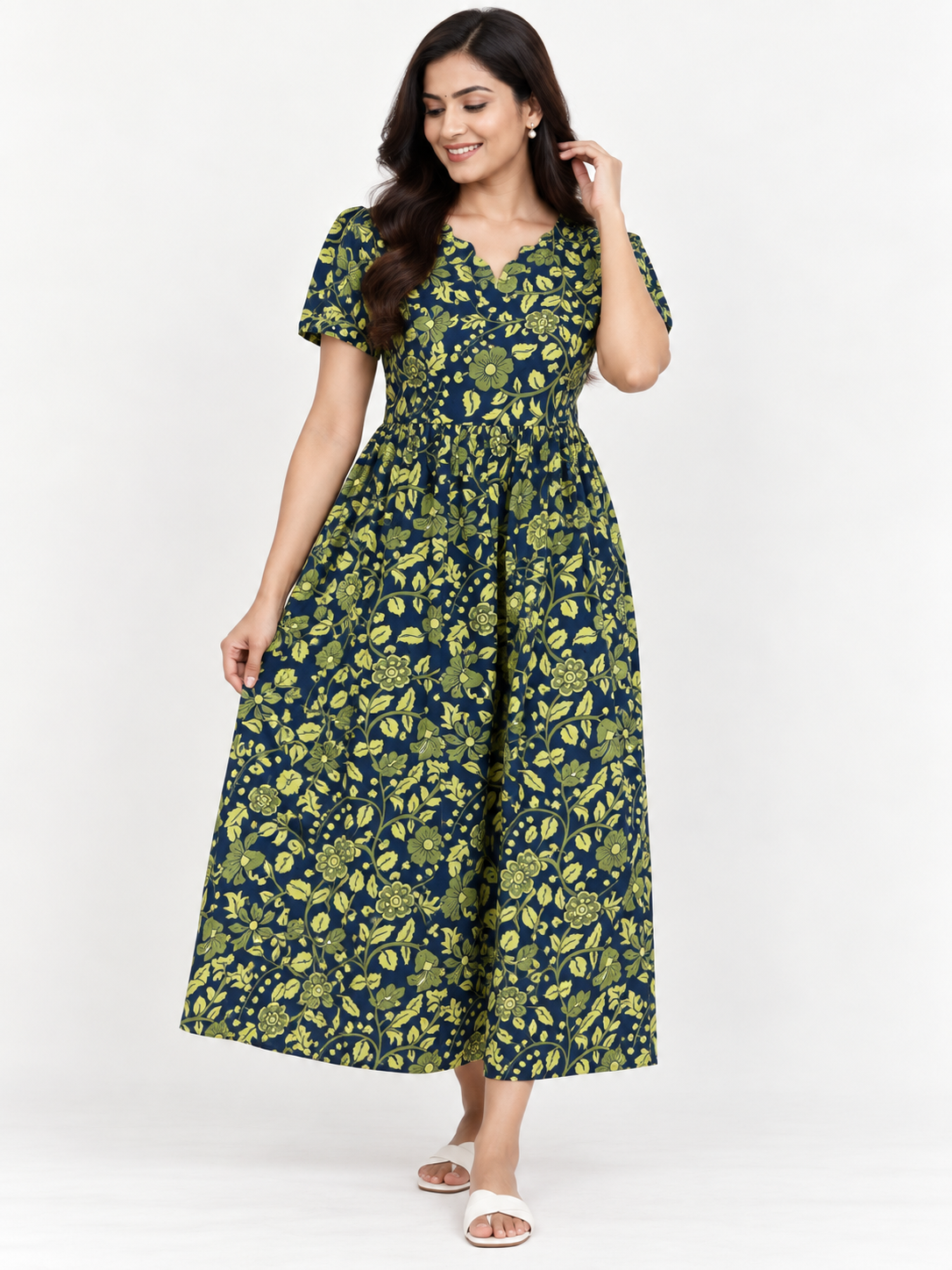 Navy Blue Floral Print Pure Jaipur Cotton Non-Feeding Maxi