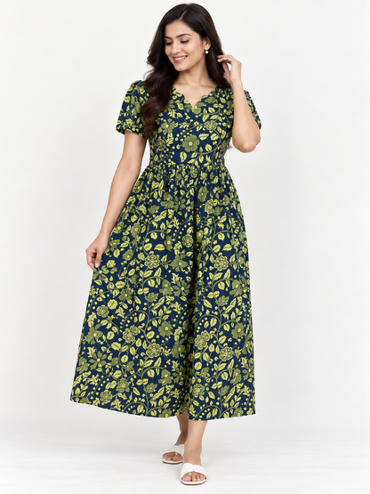 Navy Blue Floral Print Pure Jaipur Cotton Non-Feeding Maxi