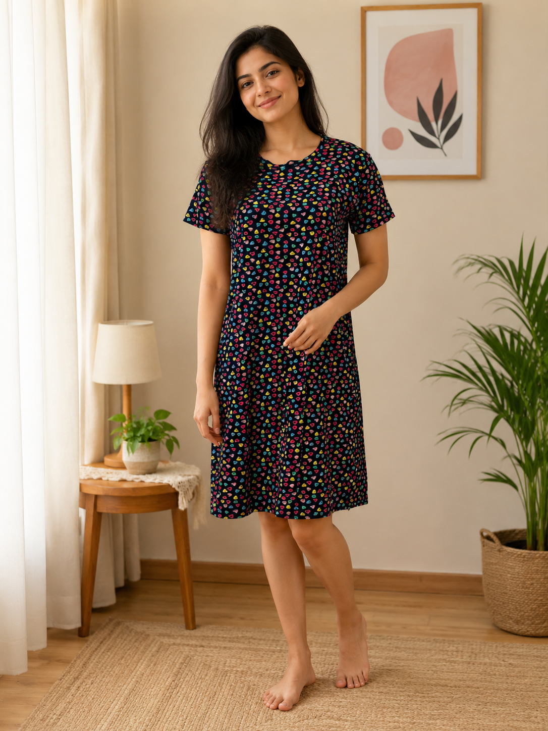 Midnight Black Multicolor Heart Sprinkle Print Lounge Tunic