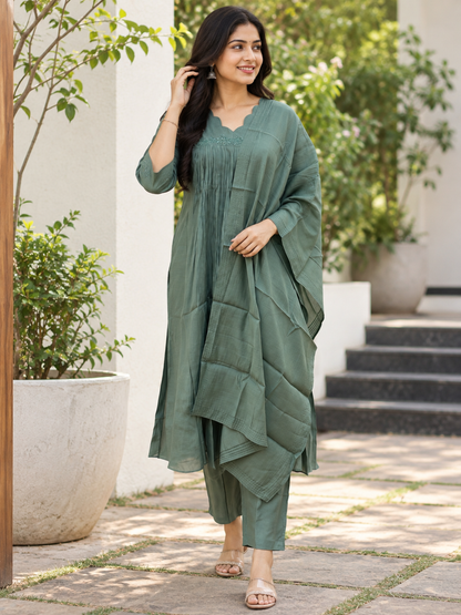 Sage Green Textured Chanderi Silk Cotton 3-Piece Kurta Set